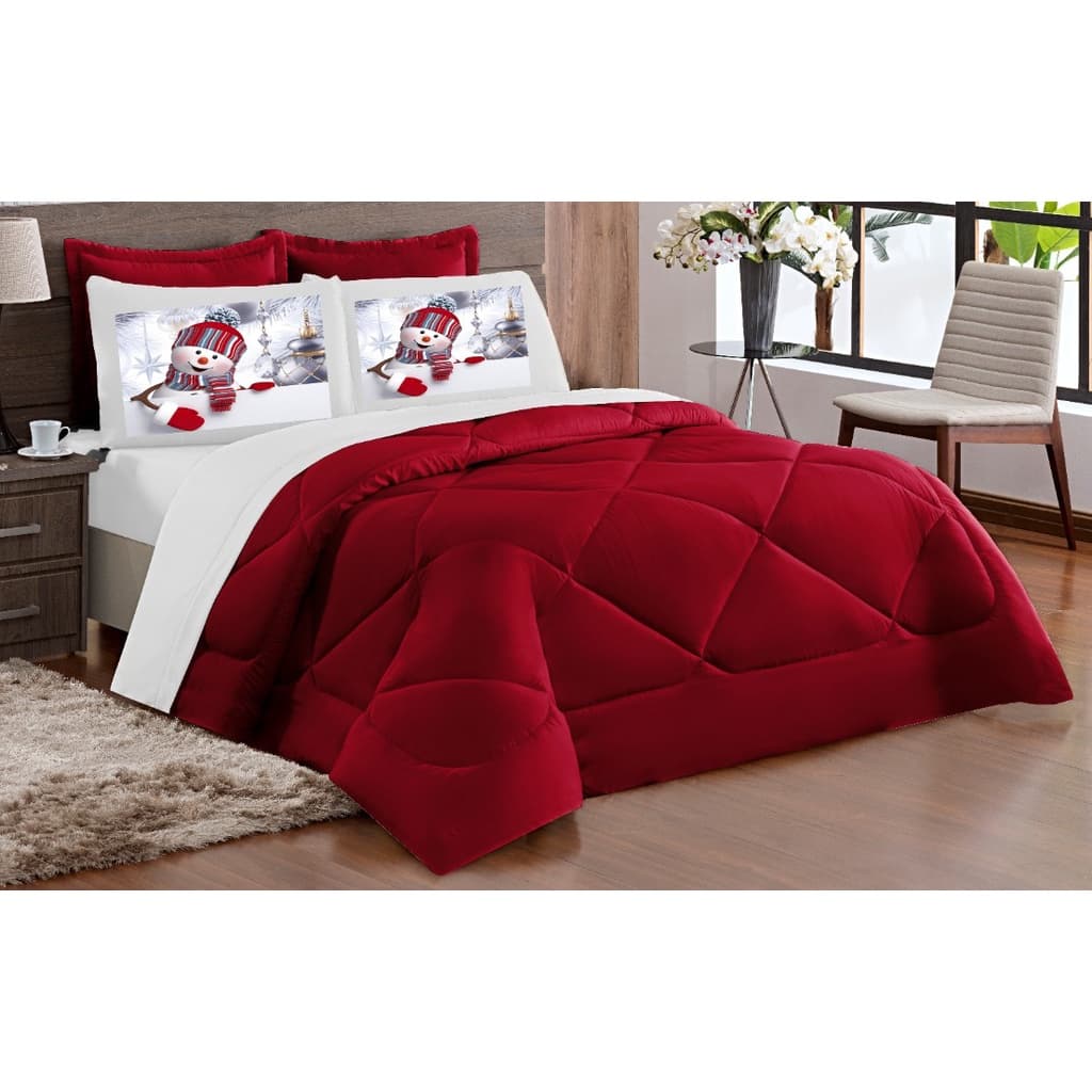 Kit NATAL Cobre Leito Edredom dupla face Casal Queen com 3 Peças - Vermelho com Branco