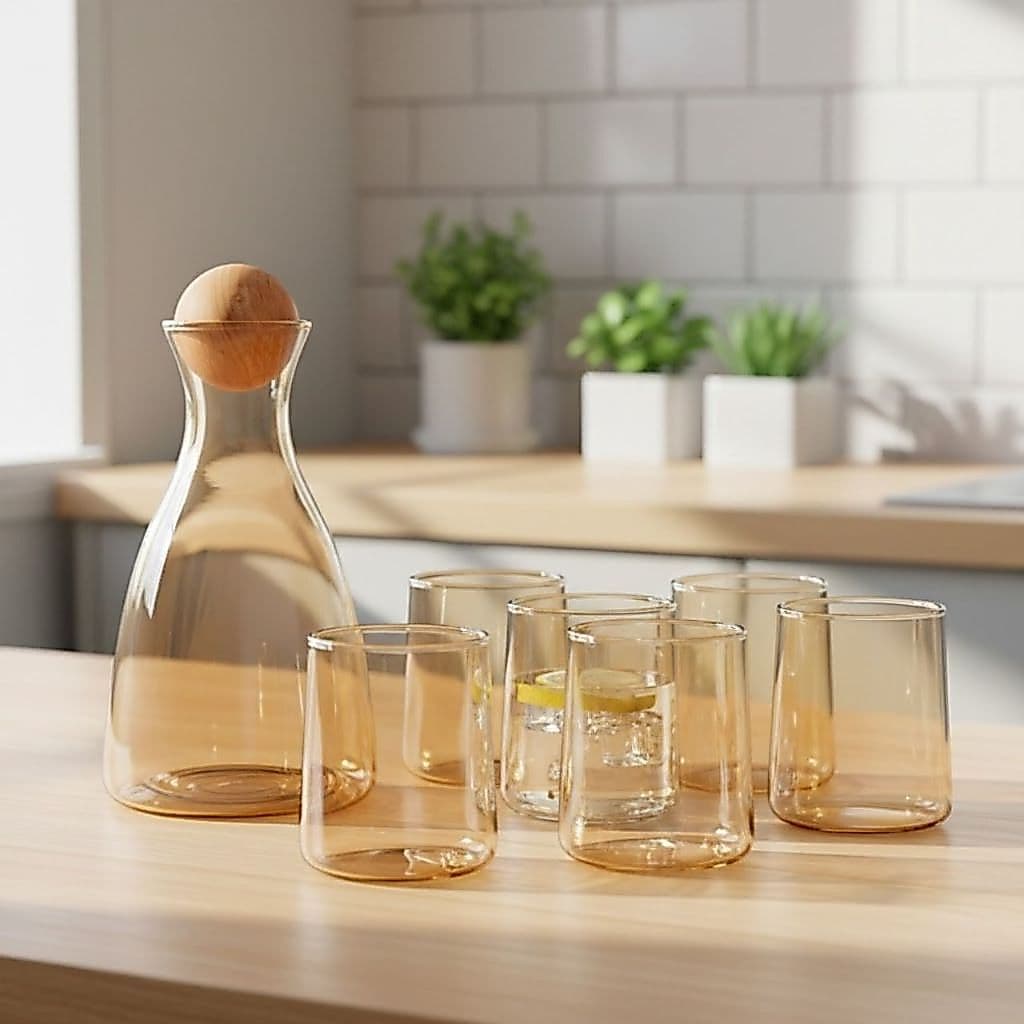 Jarra de Agua e Suco Vidro com Tampa de Bambu 1,7 Litros Kit 6 Copos de Vidro 280ml Luxo Mesa Posta
