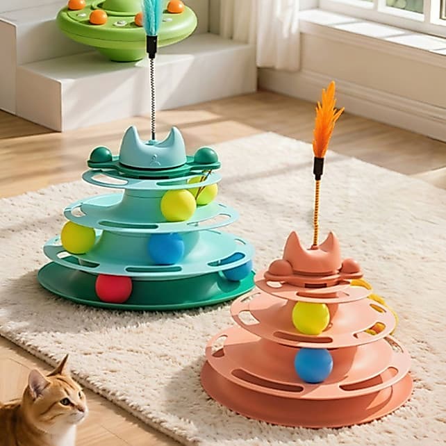 Brinquedo Interativo Multifuncional para Gato, Torre com 3 Bolinhas e Penas, 4 Níveis de Diversão