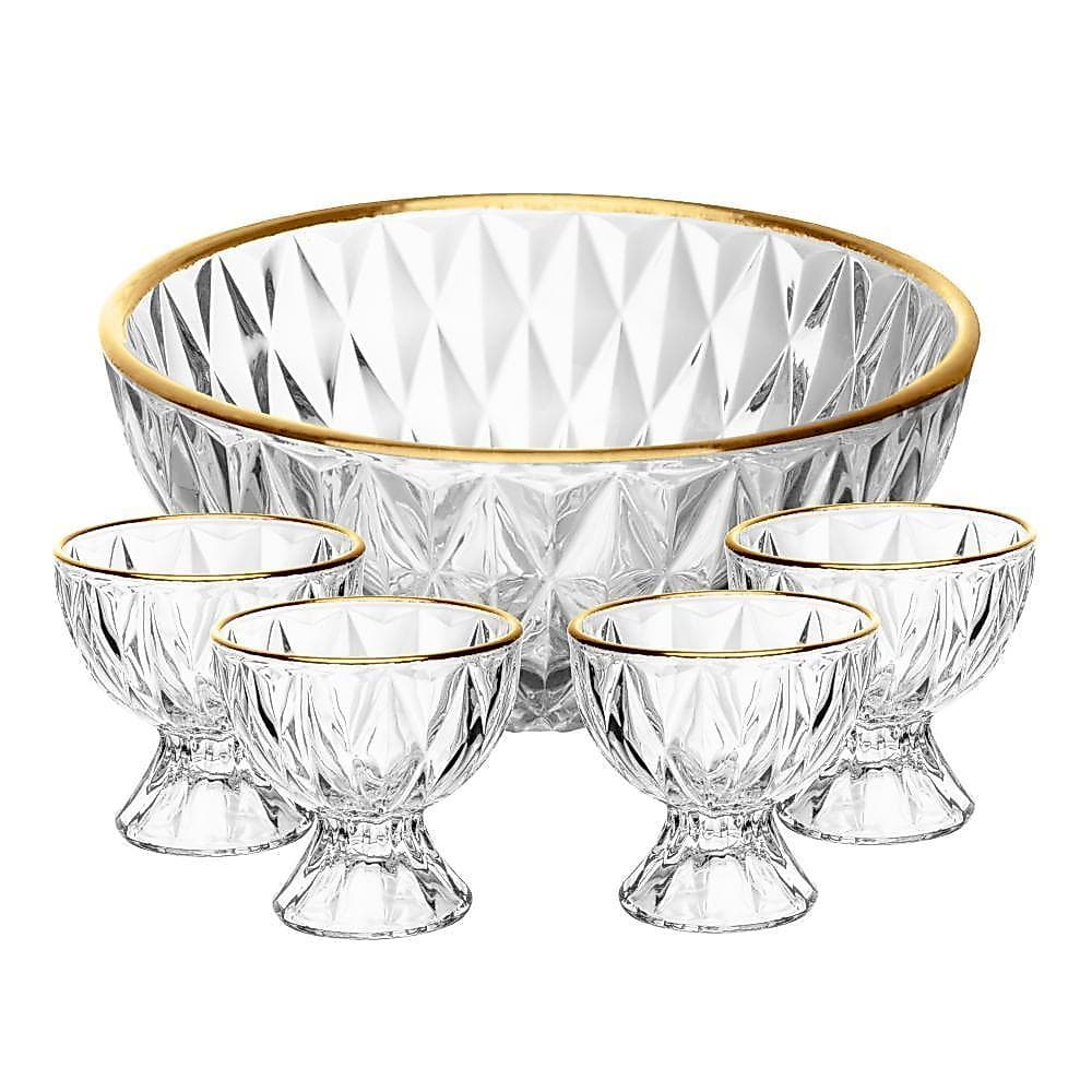 Conjunto 1 Bowl 1L e 4 Taças 120ml Diamond Lyor Cristal com Fio de Ouro para Sobremesas Doces Frutas Mousse Pavê 5 Peças