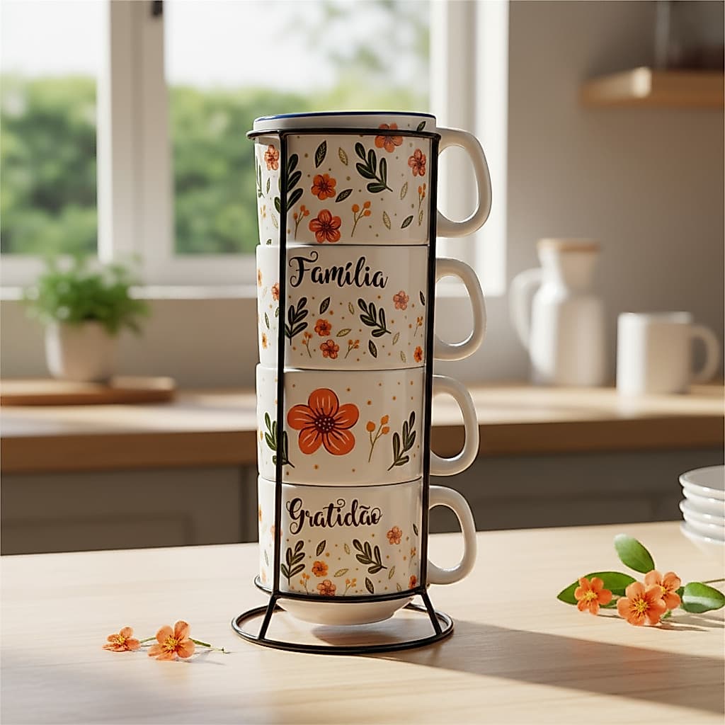 Jogo De Xícaras Empilhavel Café Chá Porcelana Com Suporte Ferro Aço Preto Kit 4 Floral Decoração