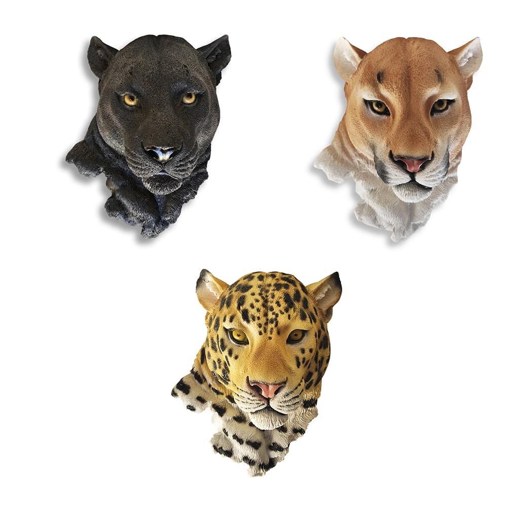 Kit 3 Onça Pintada Pantera Negra e Puma Esculturas Em Resina Fauna Brasileira Decoração Realista