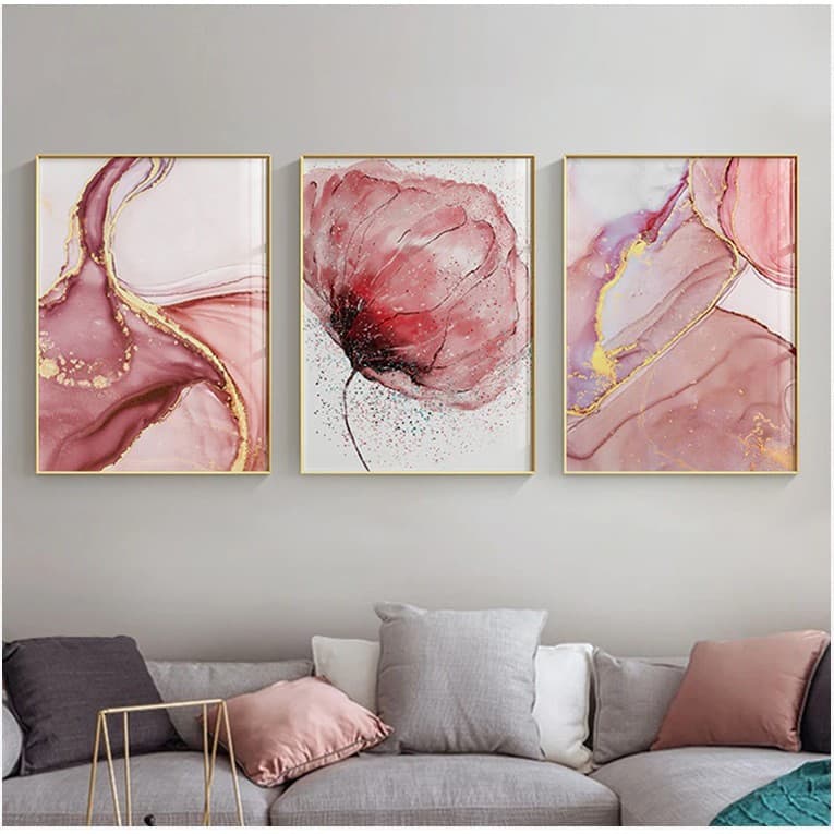 Kit Quadros Decorativo 3 peças 60x40 Mosaico MDF Full HD flor rosa moderna abstrata sala quarto hall