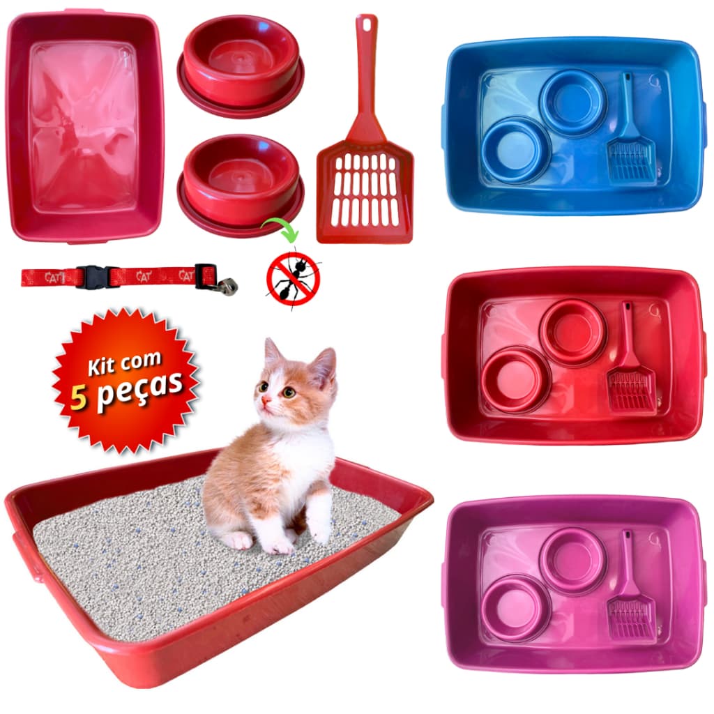 Kit caixa de de areia para gatos higiênico com pá comedouro bebedouro banheira coleira sanitário