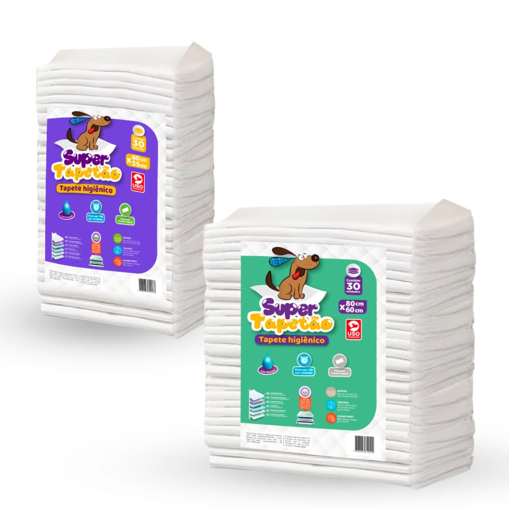 Tapete Higiênico para Cachorro 60 x 55 com 30 un. + 80 x 60 com 30 un.