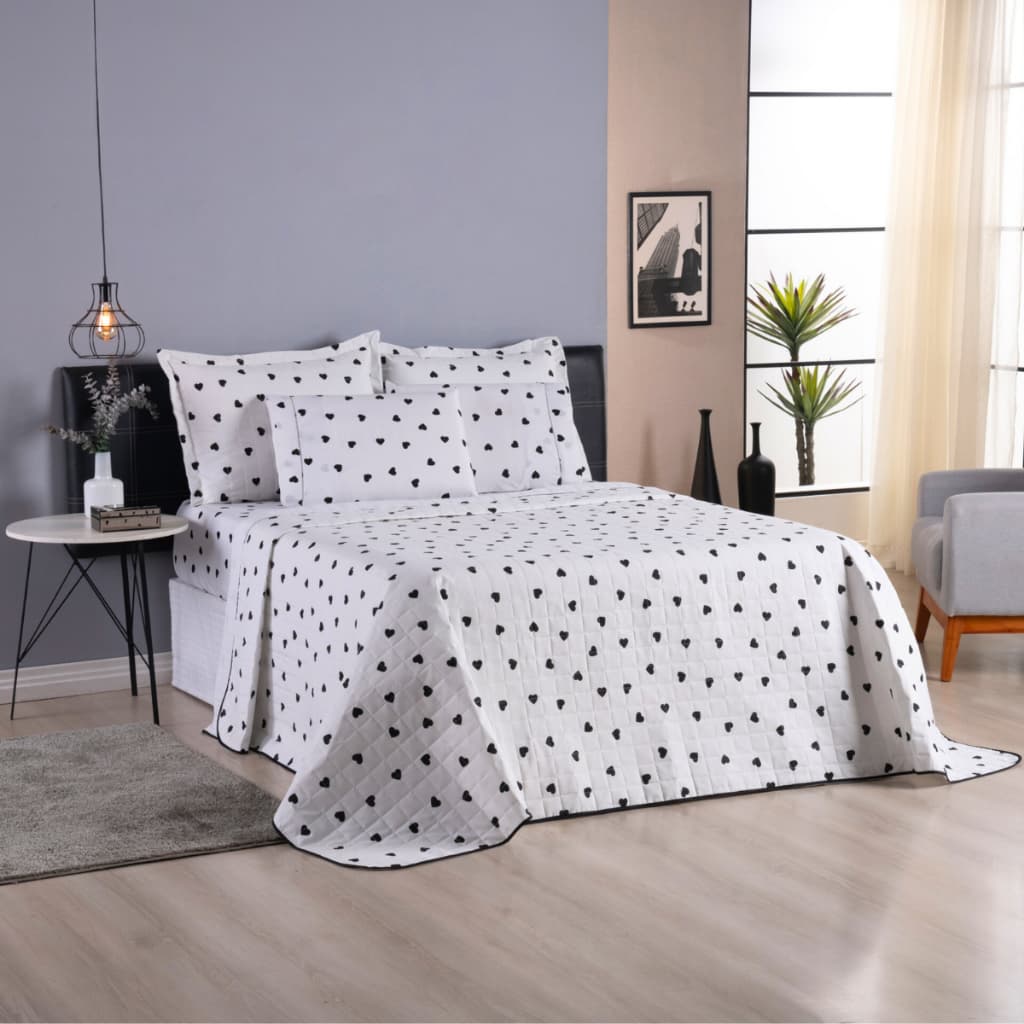 Kit Cobre Leito Casal 3 Peças Dupla Face Algodão 180 Fios Coração Preto