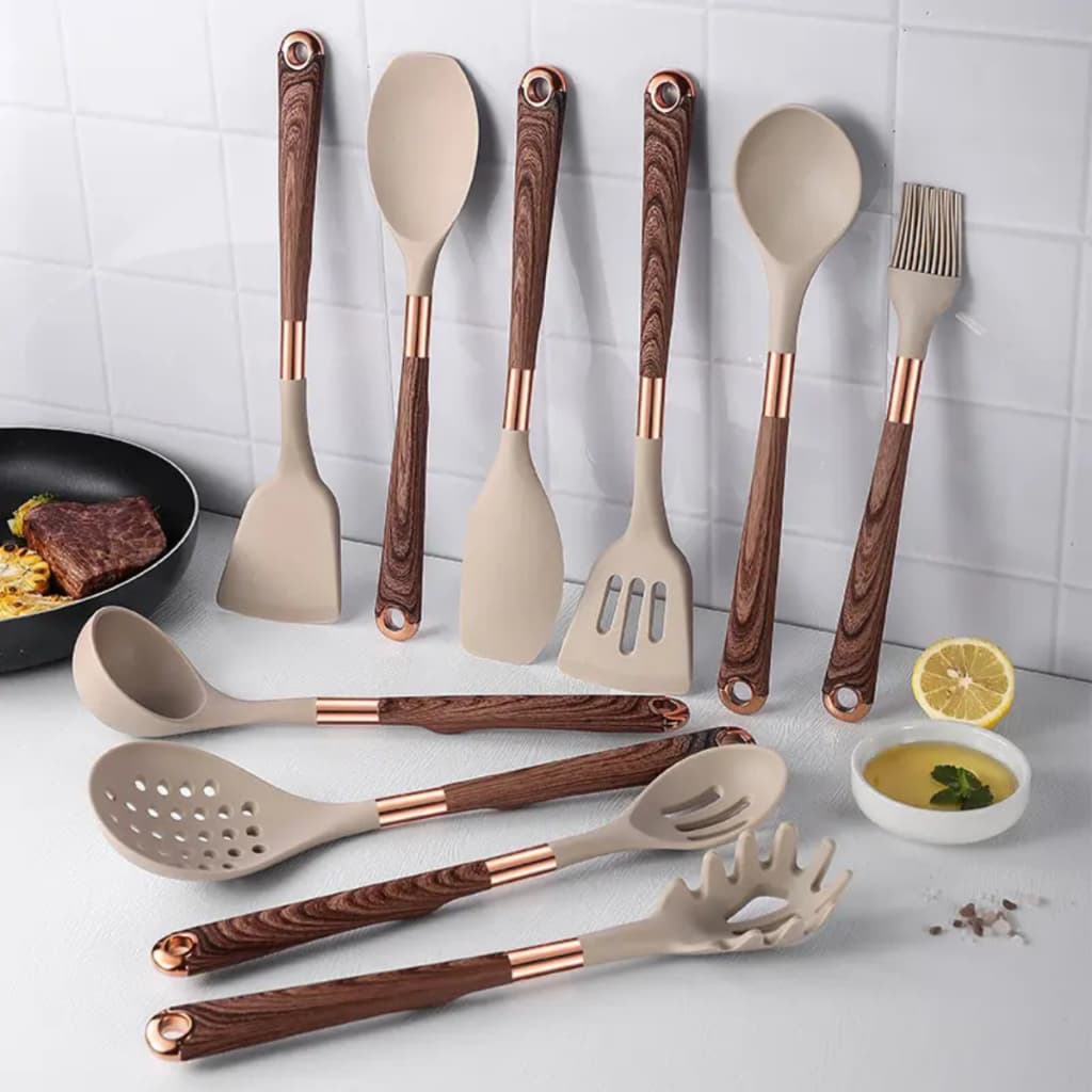 Kit De Talheres Silicone Belmont Bege 10 Peças Grande Moderno Luxo