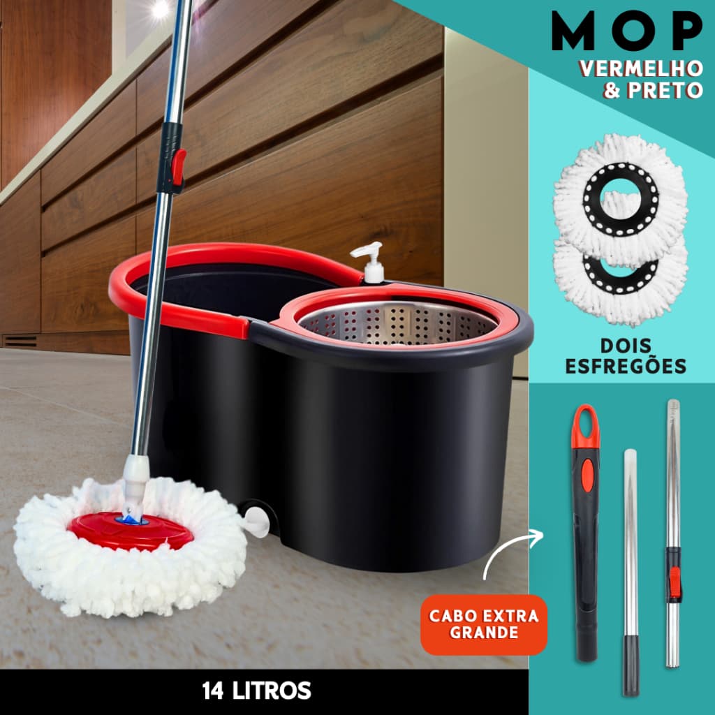 Mop Giratorio Com cabo de 140 cm Cesto Em Inox - Balde Centrífuga - C/2 Refil | Bnvt