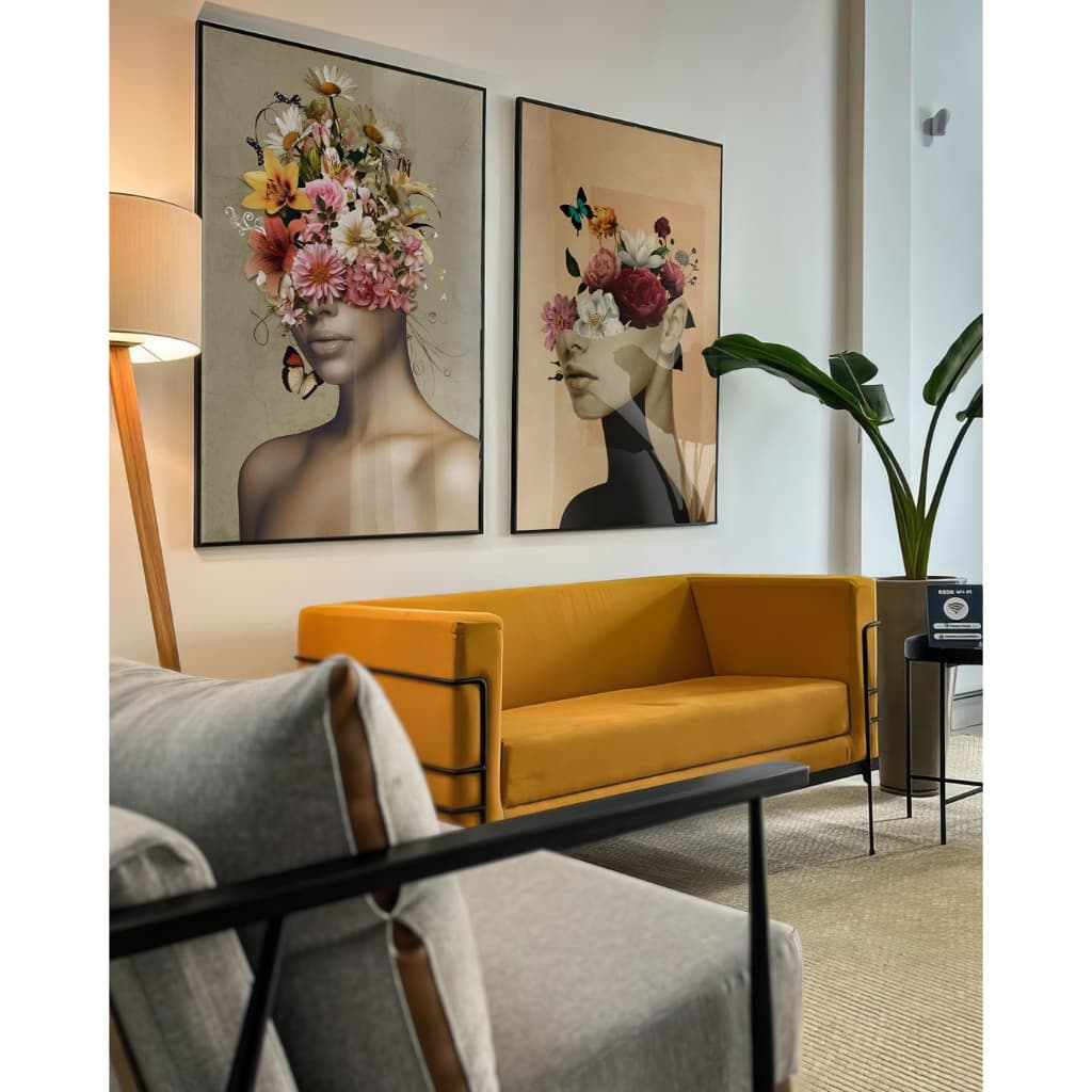 Kit 2 Quadros Decorativos Com Moldura E Vidro Grande Sala Quarto Escritório Colagem Mulheres Flores