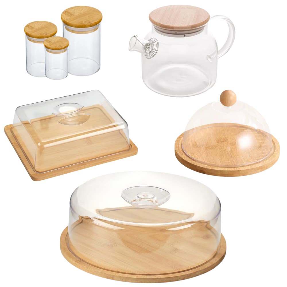 Kit Mesa Posta Bambu Itens Cozinha Jarra Boleira Porta Frios Queijera Pote Hermético