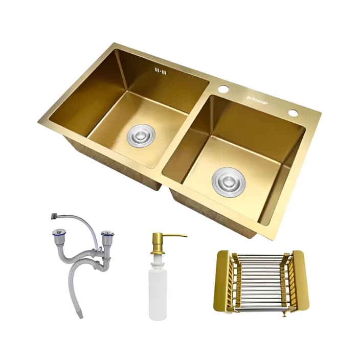 Cuba Dupla Pia Gourmet 78x43 Cozinha Aço Inox Completa com Cesto Extensível e Dispenser Dourada