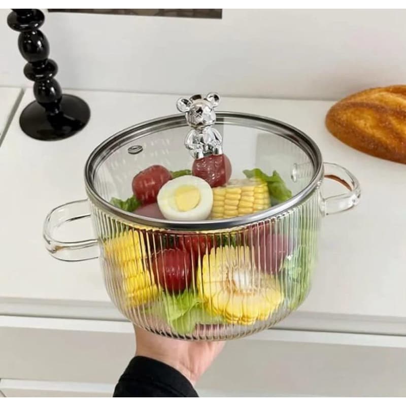 Panela de vidro transparente 1,2ml pegador, ursinho Borosilicato, pode ir ao fogo cozinha mesa posta