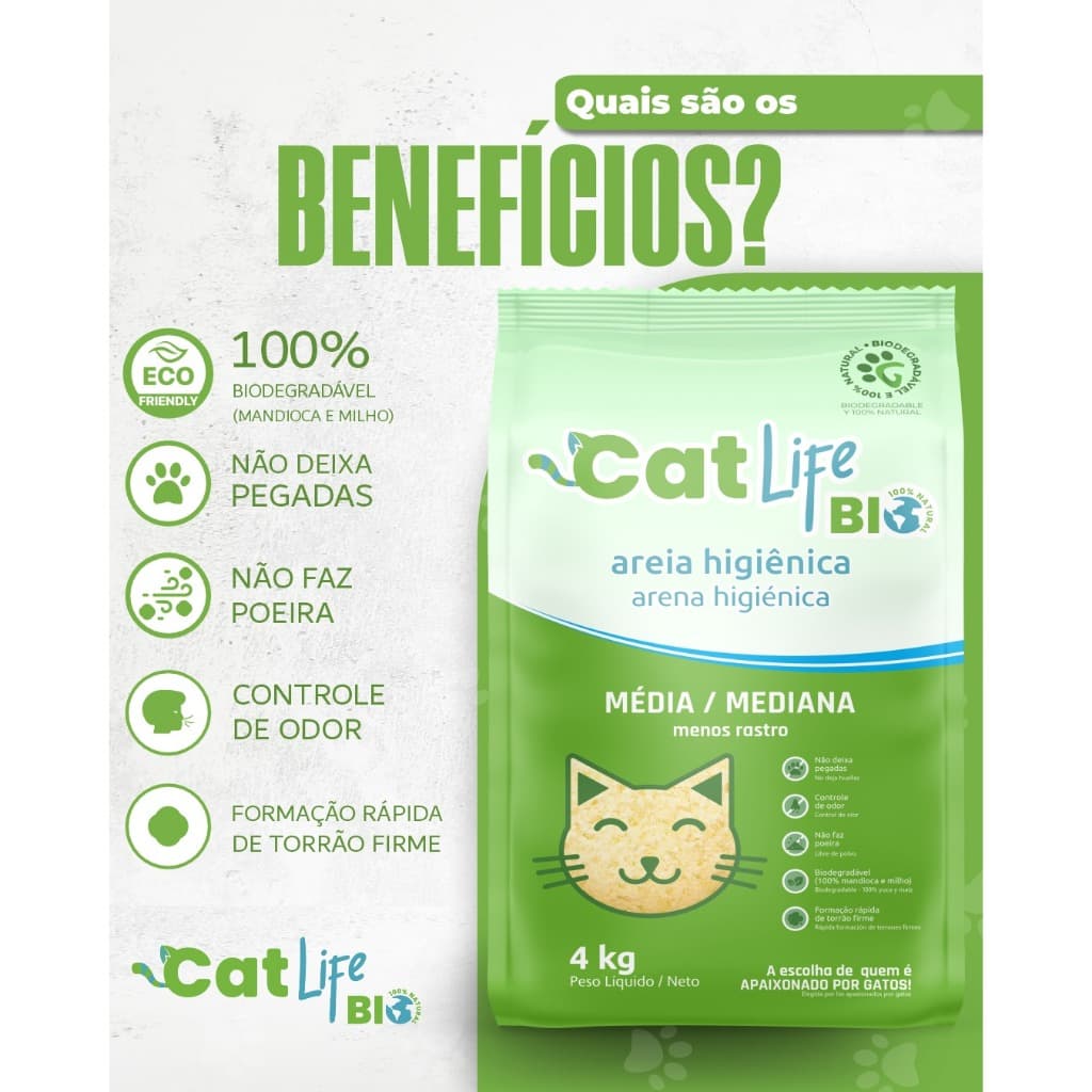 Areia Higiênica Biodegradável Cat Life Bio Media 4 Kg - Menos Rastro