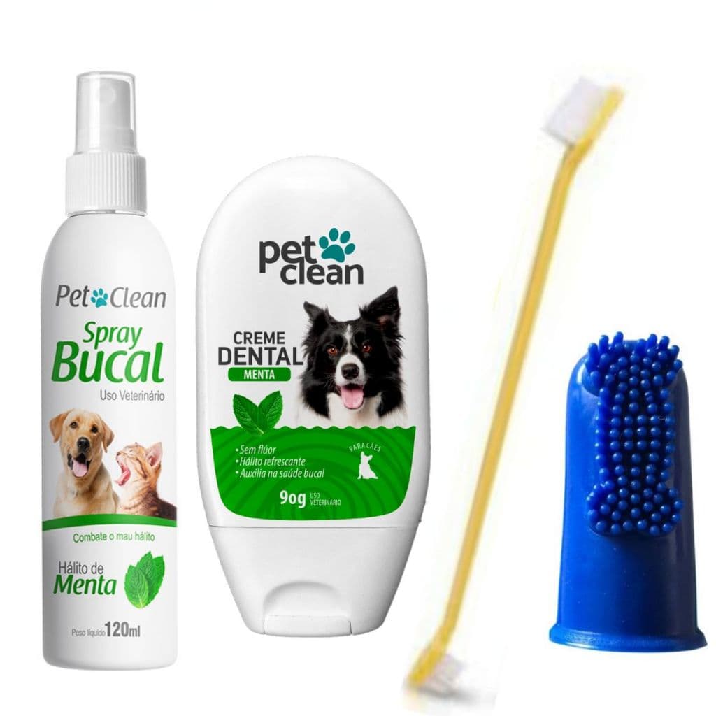 Pet Clean Kit Creme Dental Menta + Spray Bucal Menta + Dedeira Flexível + Escova de dente Cães Gatos