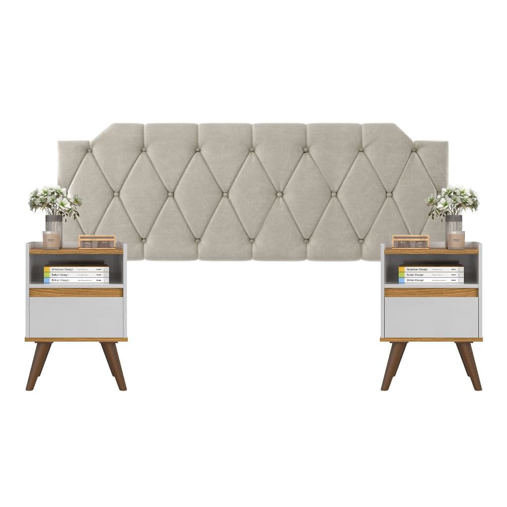 Conjunto Mesa De Cab Com Gaveta + Cabeceira Estofada Box Para Cama Queen KELLY E KIT TED BRA/FREIJÓ