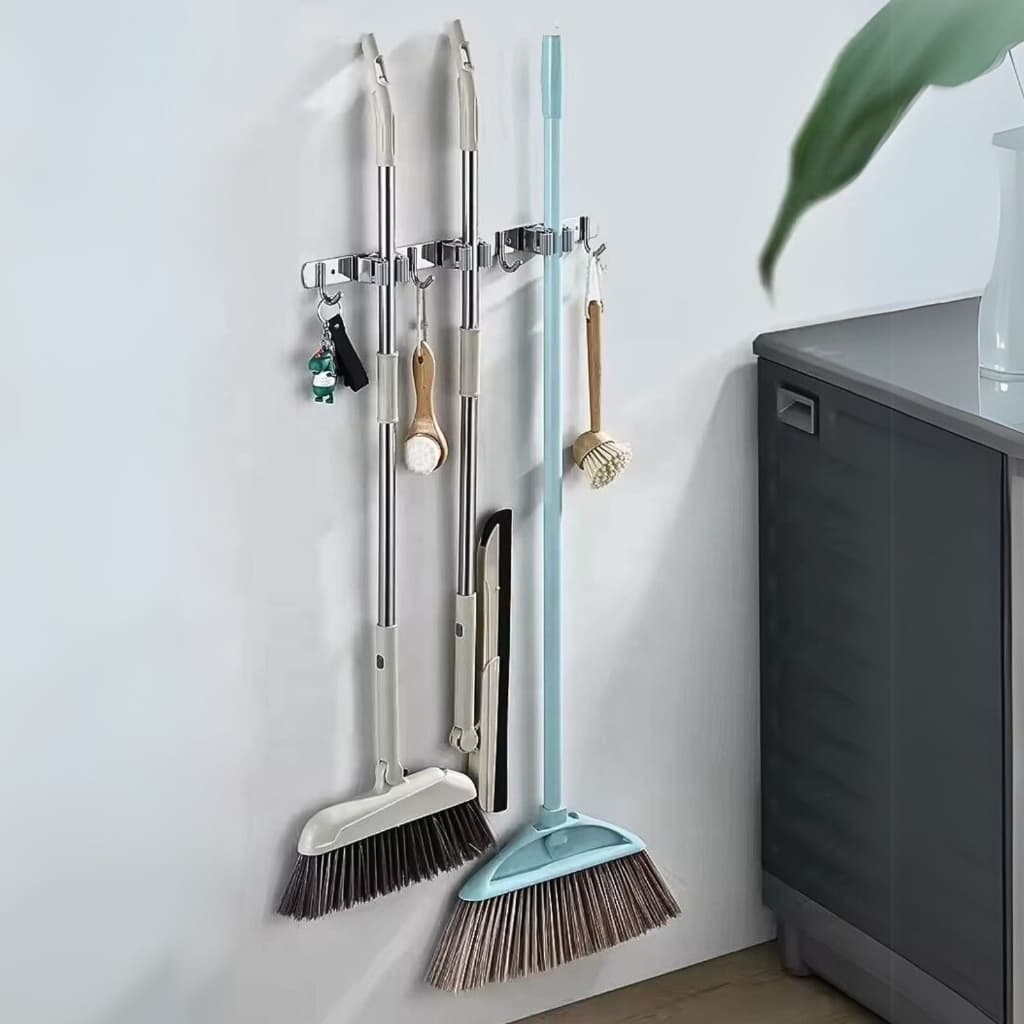 Suporte Vassoura Inox Porta Vassoureiro Parede 7 Acessórios