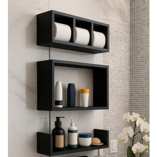 Kit 3 Nicho banheiro Prateleira Organizador shampoo toalha papel higiênico  Preto ou Branco 100% Mdf