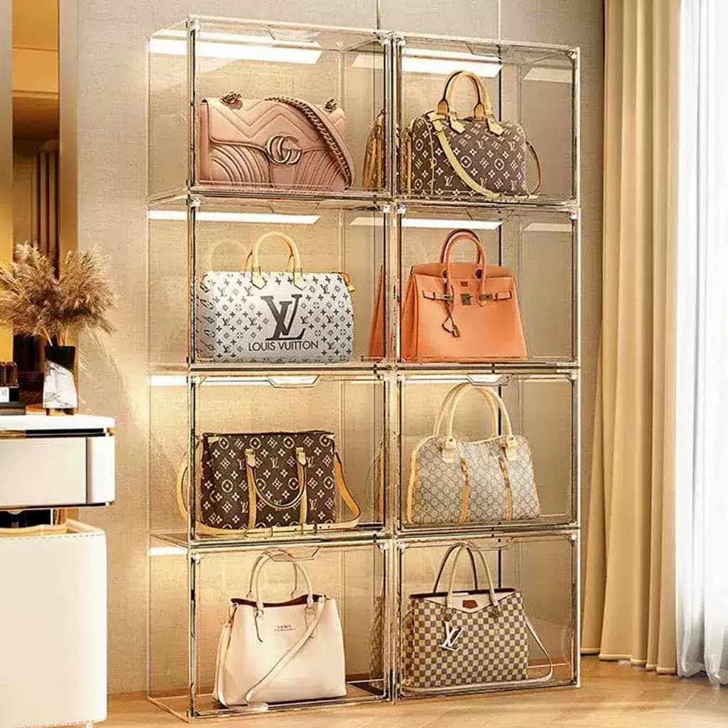 Caixa Organizadores de Bolsa de Acrílico Transparentes Grande Empilháveis com Porta Magnética