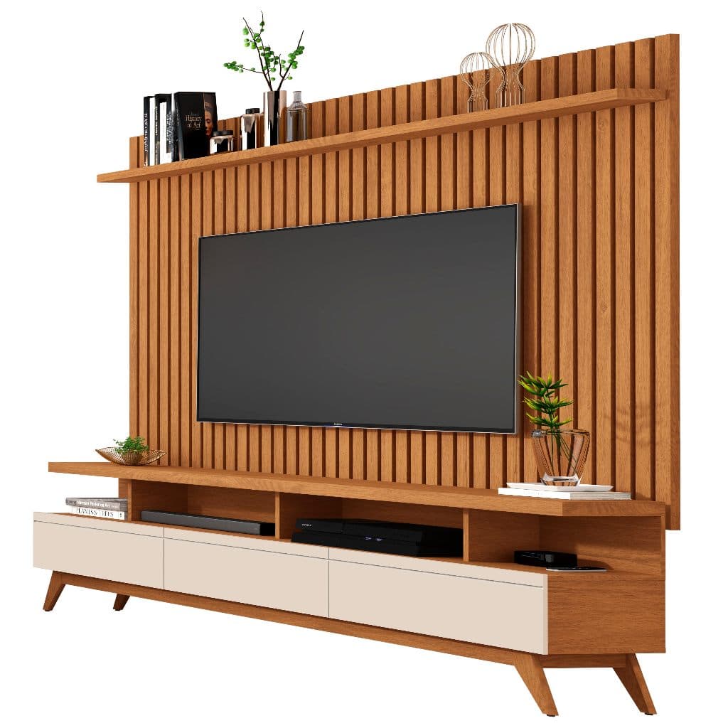 Painel Ripado Classic Sala Estar Com Rack Vivare Wood - 2 Cores