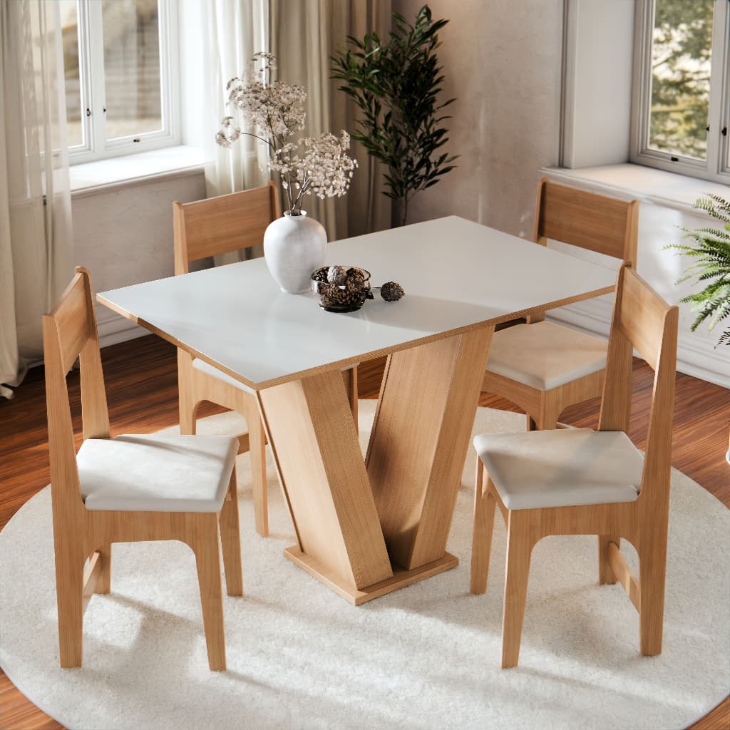 Conjunto Sala de Jantar Completa 4 Lugares Cadeiras Estofadas Mesa Vivi Compacto Para Cozinha Tampo Semelhante Vidro
