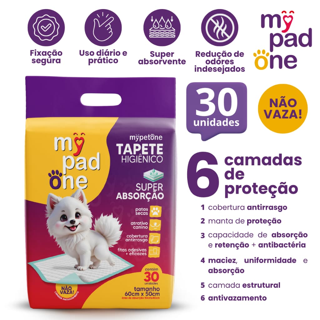 Tapete Higiênico Premium Slim para Caes MyPadOne 60x50 cm Ultra Absorção Envio Imediato - 30 Unidades