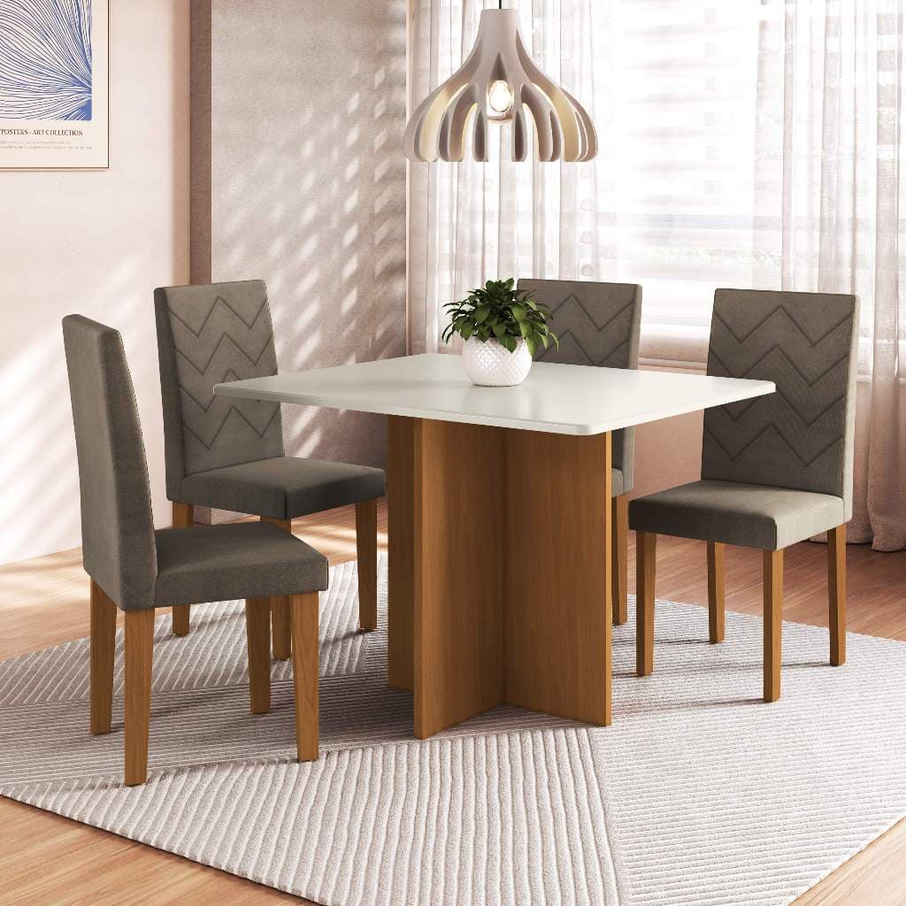 Conjunto Sala de Jantar Fidelitá Itália 110cm Com 4 Cadeiras Freijó/Off-White Assento Cacau