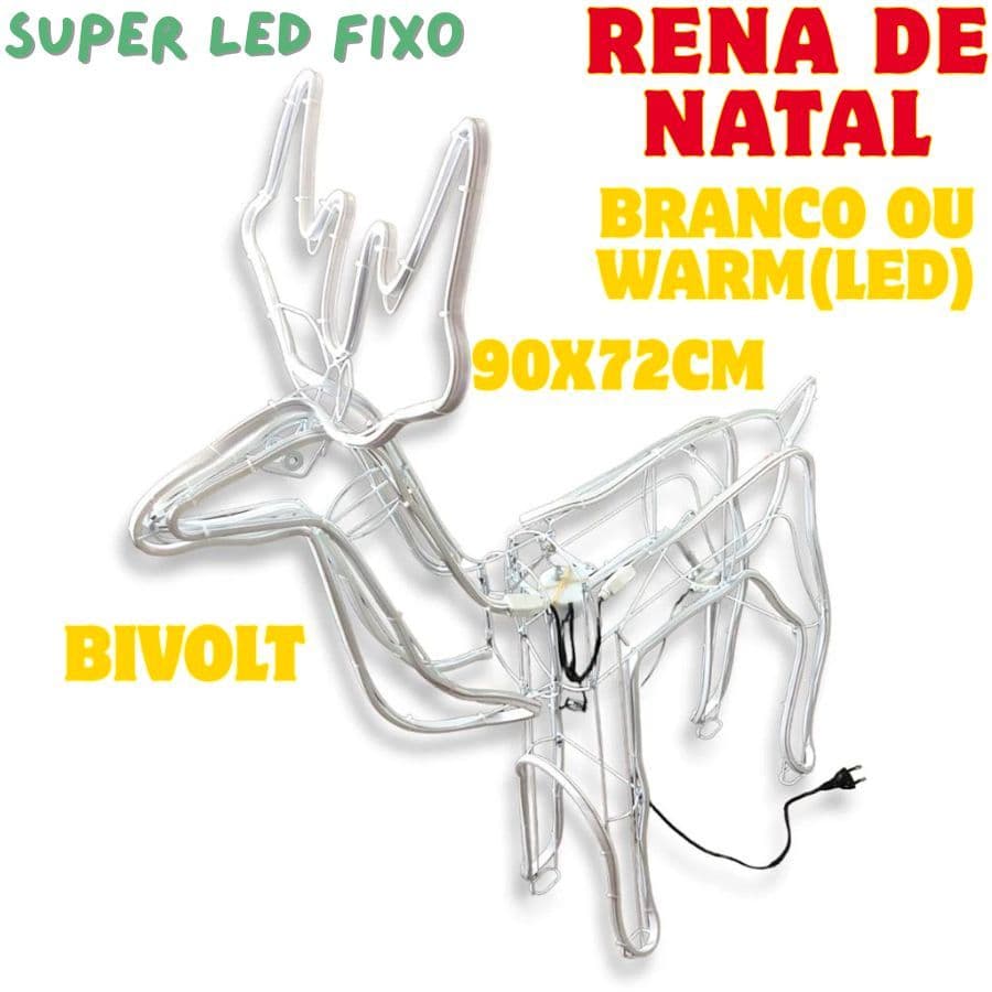 Rena De Natal 90x72Cm Bivolt 110V/220V Mangueira Warm Ou Branco Super LED Fixo Natalina