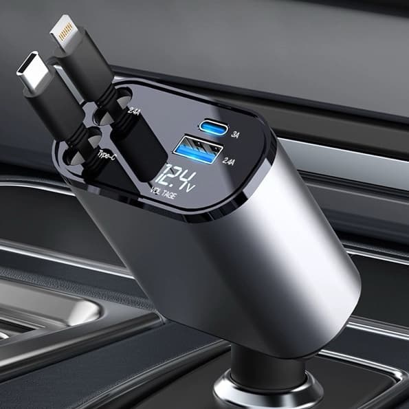 Carregador de carro retrátil, carregador rápido de para carro 4 em 1 para iPhone e Android