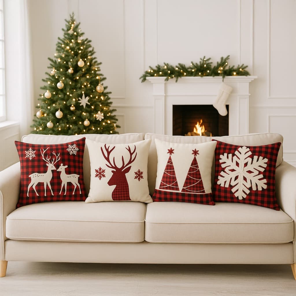 Kit  4 Capas de Almofadas Decorativas 45x45cm de Natal Papai Noel Casa  Sala Quarto e Decoração