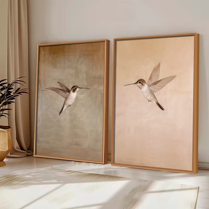 Kit2 QUADROS decorativo com MOLDURA CAIXA ALTA grande 41x61 cm Beija-Flor, Arte Minimalista Retrô para Decoração Rústica
