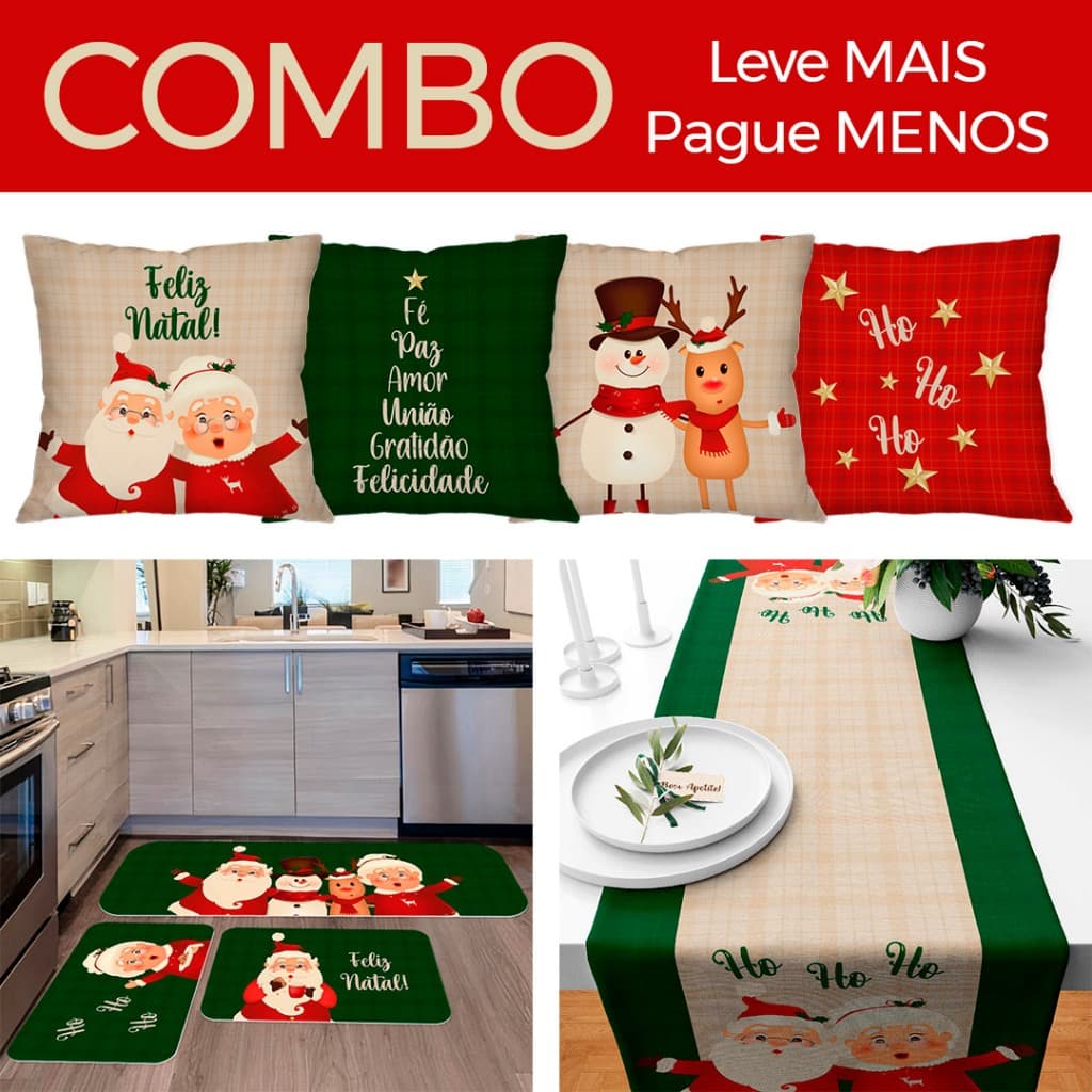 COMBO NATALINO: KIT 4 CAPA DE ALMOFADA PAPAI NOEL + KIT 3 TAPETES DE COZINHA + TRILHO DE MESA