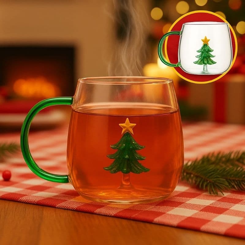Xícara Caneca de vidro 400ML Árvore de Natal-Margarida-coração-Flor -presente- Borossilicato-3D- Natal Amigo secreto