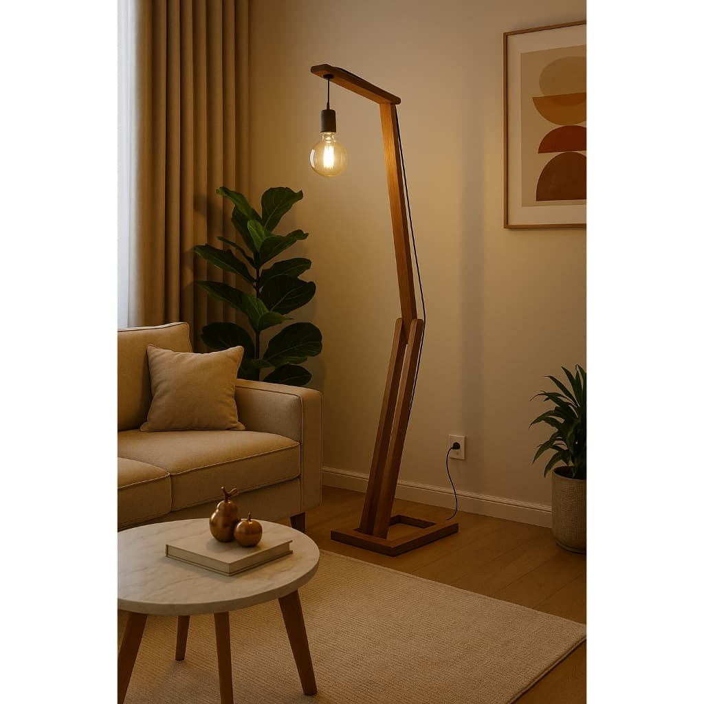 Luminária de Chão em Madeira Articulado Iluminação Moderna e Pé Ajustavél Sala de Estar e Escritório