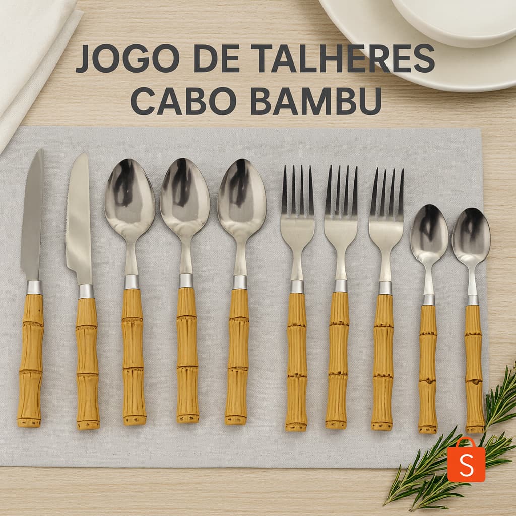 Jogo 12 ou 24 Talheres Cabo Bambu Inox Luxo Cozinha