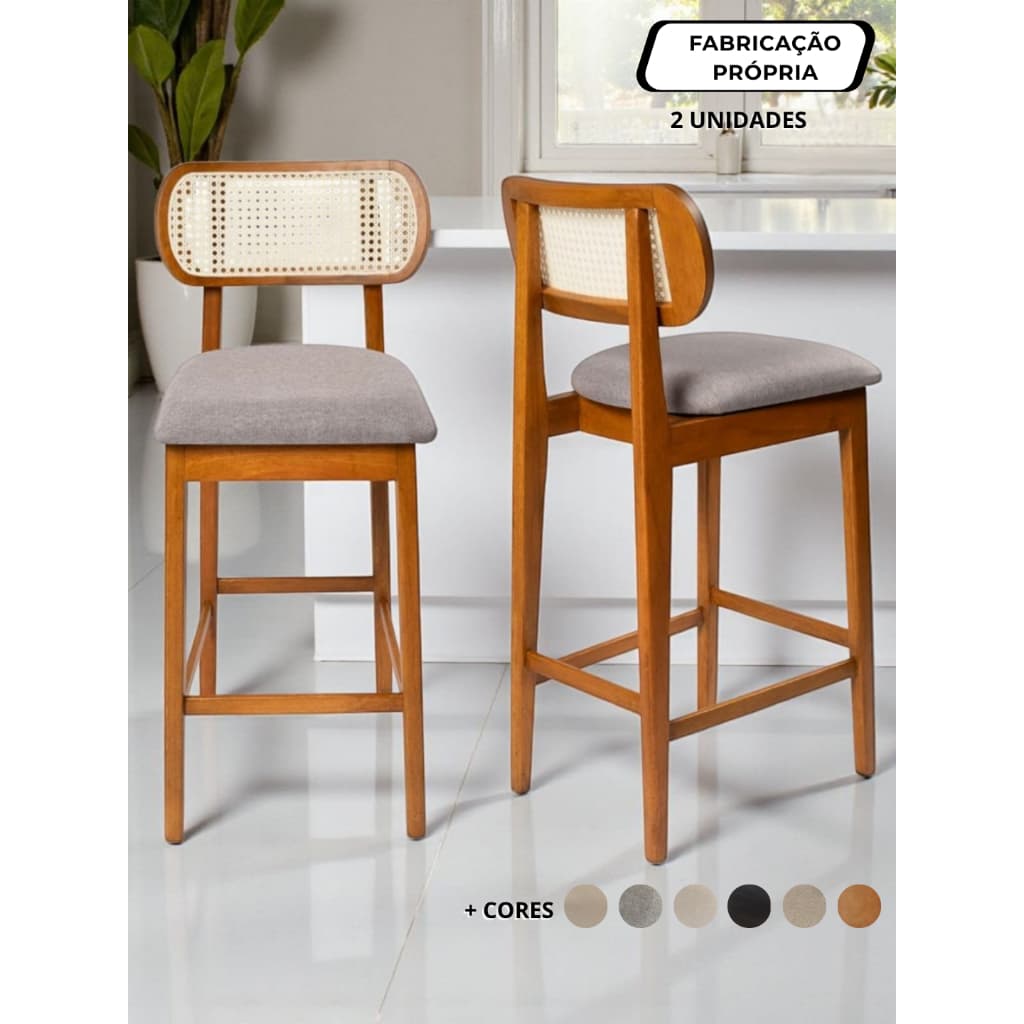 Conjunto Banqueta alta 2und cozinha área bancada Madeira Maciça c/ Rattan Tecido Nobre