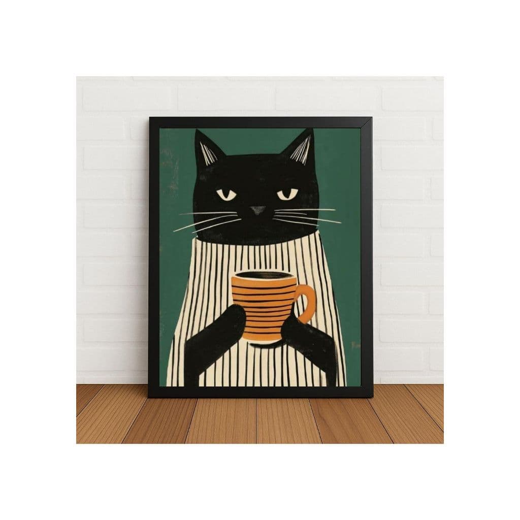 Quadro Decorativo Gato Com Xicara C/ Vidro