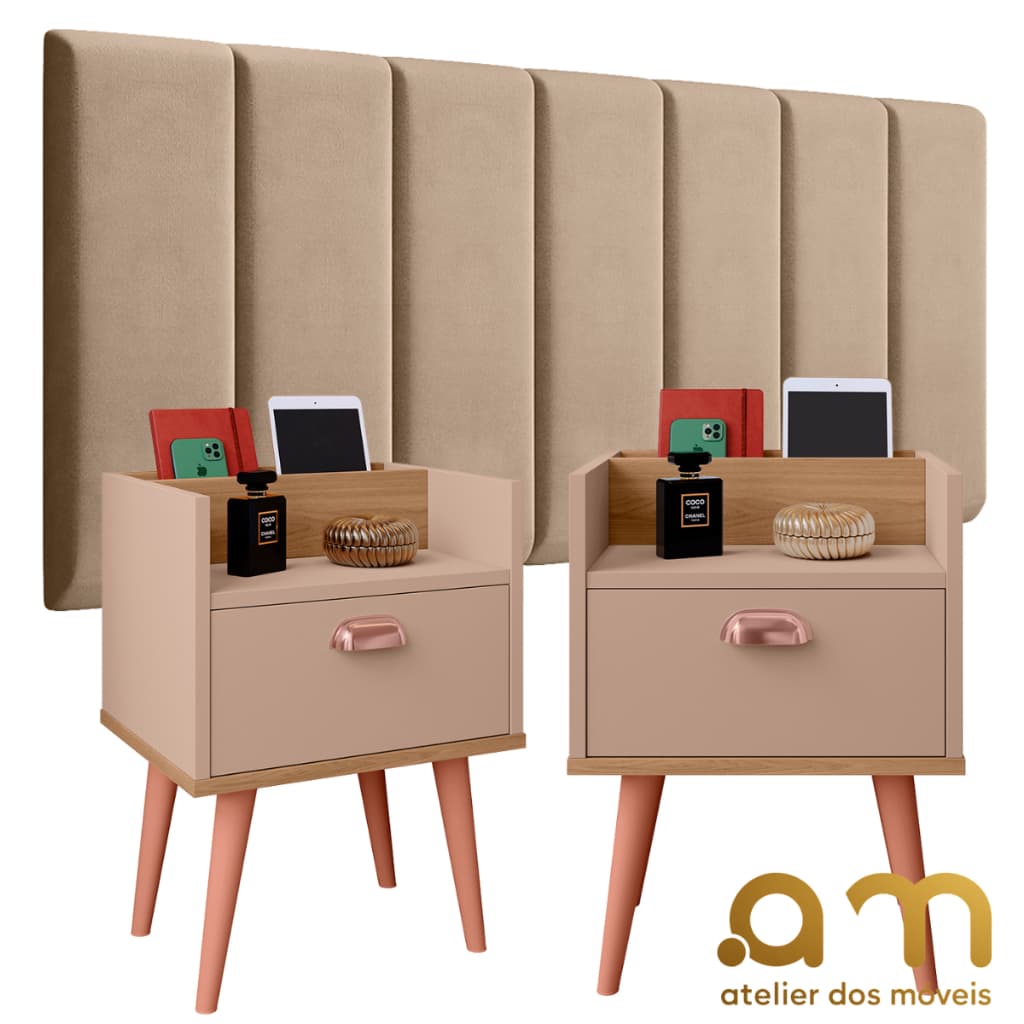 Conjunto P/ Quarto Cabeceira MODULAR 0.90 à 1.95 Cama BOX C/ 2 Mesas de Cabeceira Milena Pés Retrô