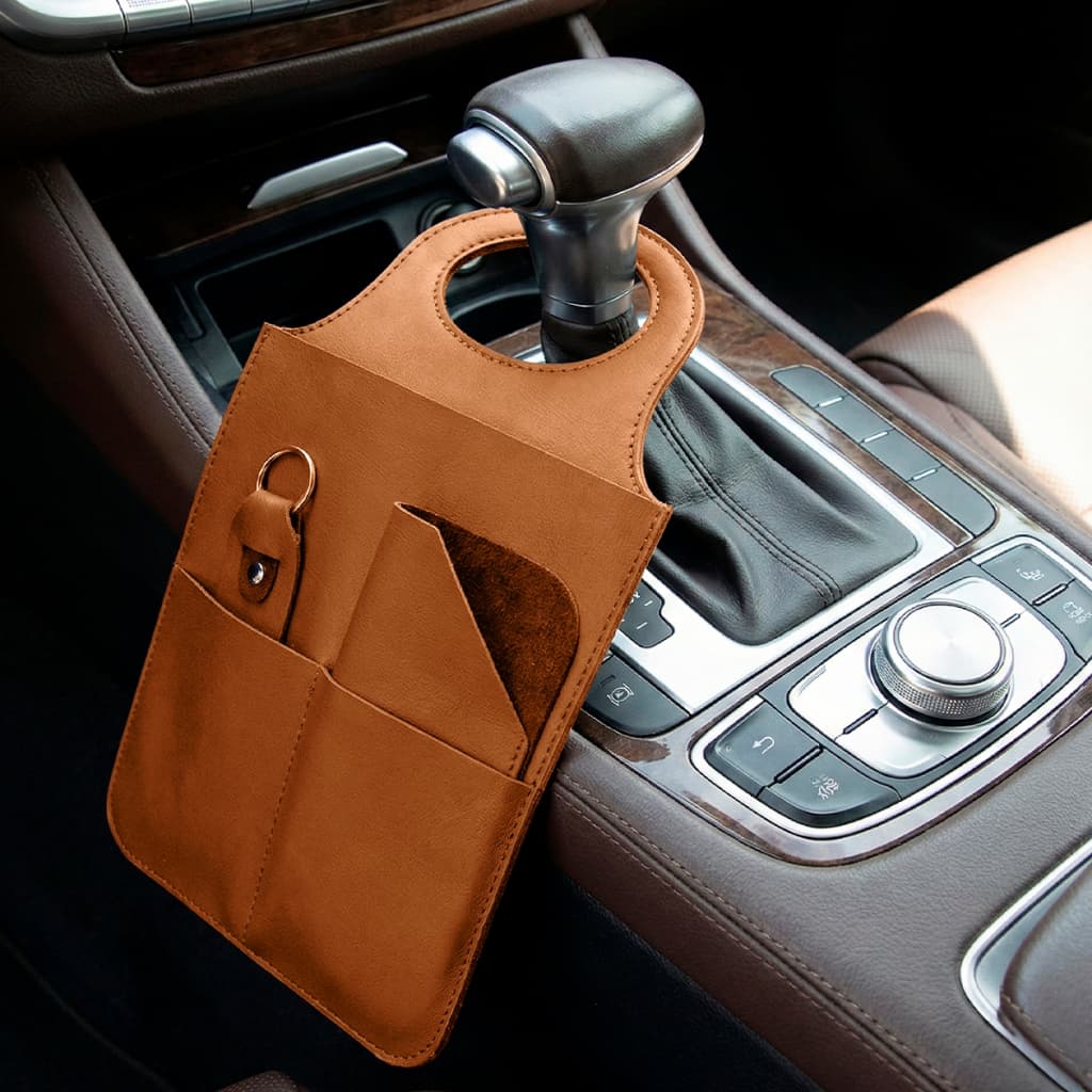 Lixeira Automotiva Carro Couro Porta Lixo Universal + Porta Oculos Chaveiro
