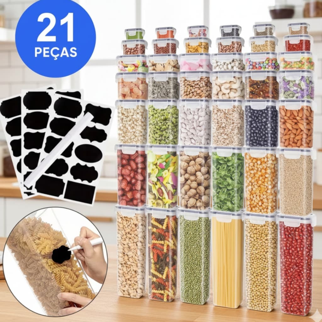 Kit 21 Potes Hermeticos Resistentes Quadrados Para Mantimentos Organizadores para Dispensa Alimentos
