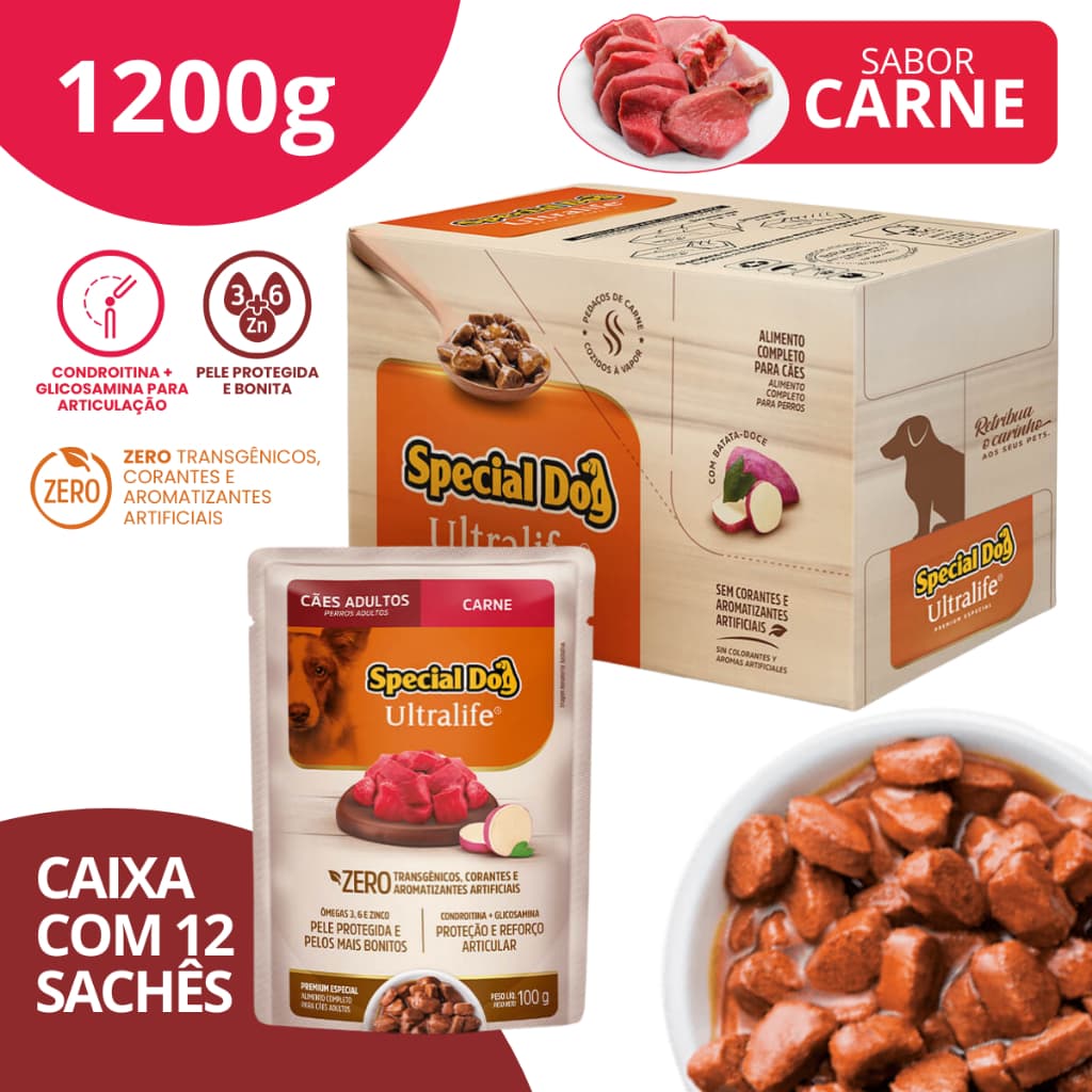 Caixa 12  Special Dog Ultralife Sachê Adultos Sabor Carne - 100g