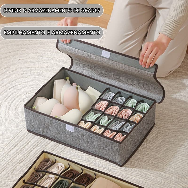 Caixas organizadoras para guarda-roupa com divisórias são ideais para guardar roupas íntimas e calças.44*29*12cm