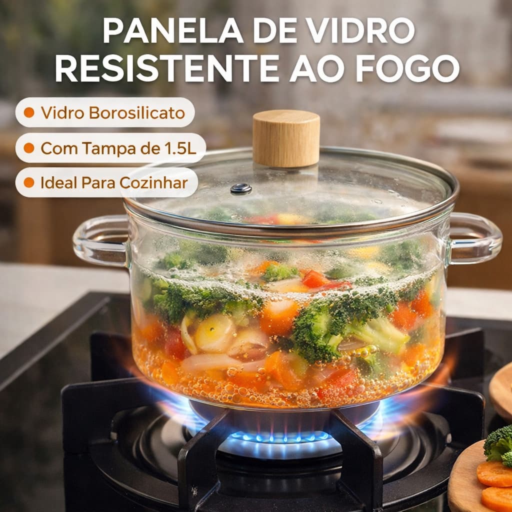 Tigela Caçarola de Vidro Borossilicato com Tampa 1,5L Transparente Premium para Sopas, Caldos, Molhos e Mesa Posta