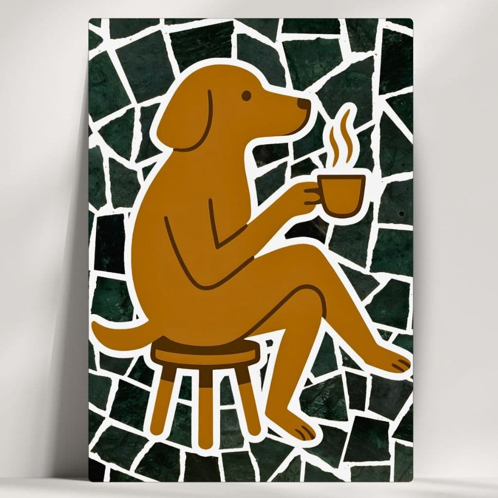 Quadros Decorativos Cachorro Caramelo - Tomando Café - Em Mdf - com Fita Adesiva - Envio Imediato