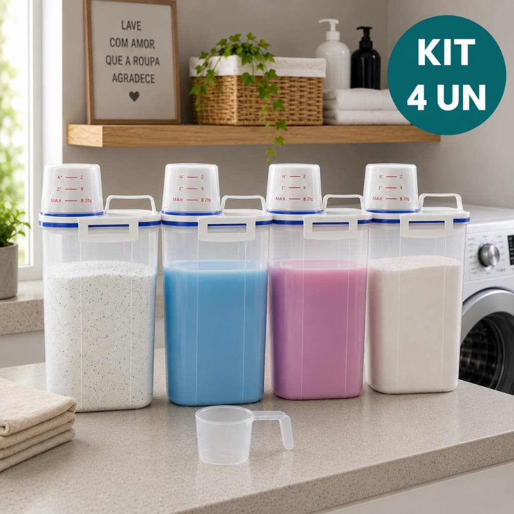 Kit 4 Potes Herméticos 2L Para Lavanderia Com Vedação P/ Sabão em Pó Amaciante Produtos de Limpeza Organização Total