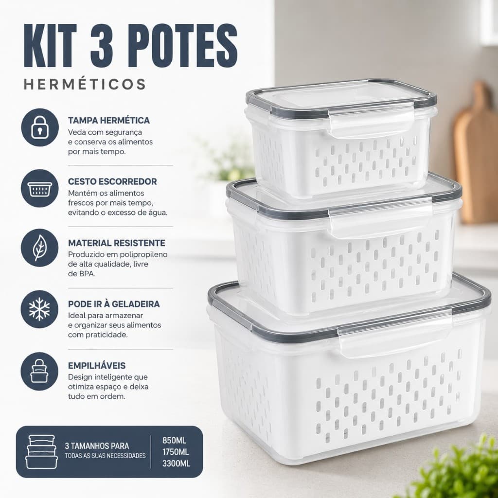 Kit 3 Potes Herméticos Com Cesto Escorredor Organizador Geladeira Conserva Frutas Verduras