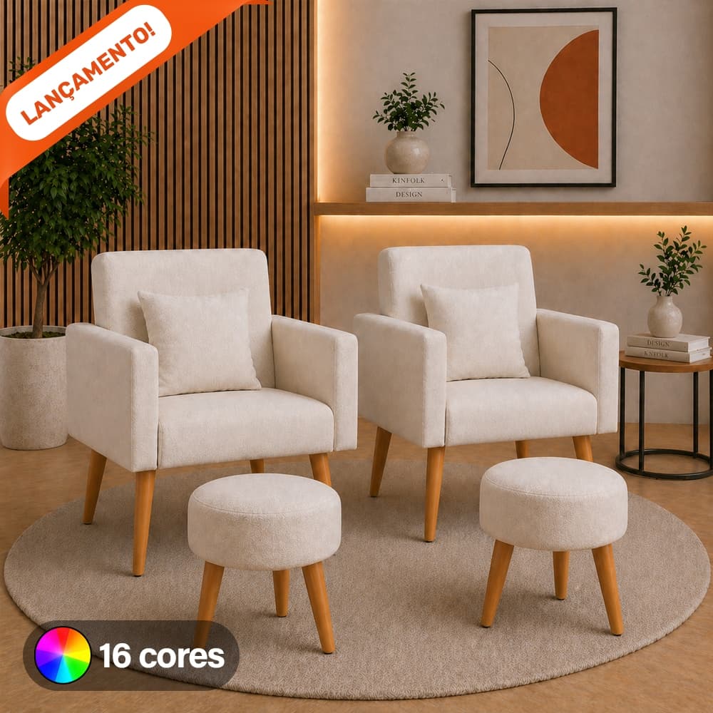Kit 2 Poltronas Sala Nina Almofadas e 2 Puff Redondo Suede
