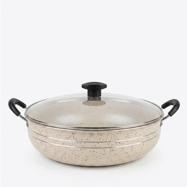 Panela Grande Frigideira Wok Silver Lines Antiaderente com alças + Tampa.