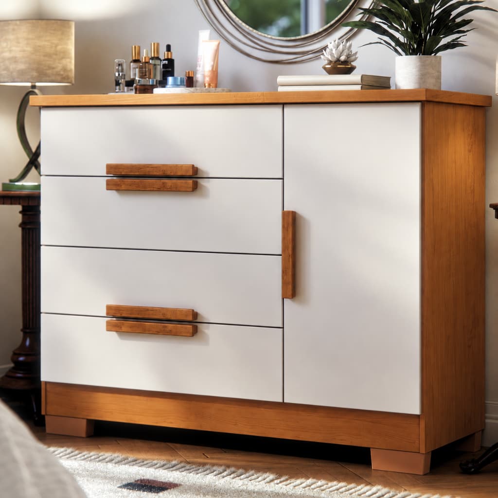 Cômoda Para Quarto Casal Sapateira 4 Gavetas 1 Porta Grande MDF Organizador de Roupas Brescia