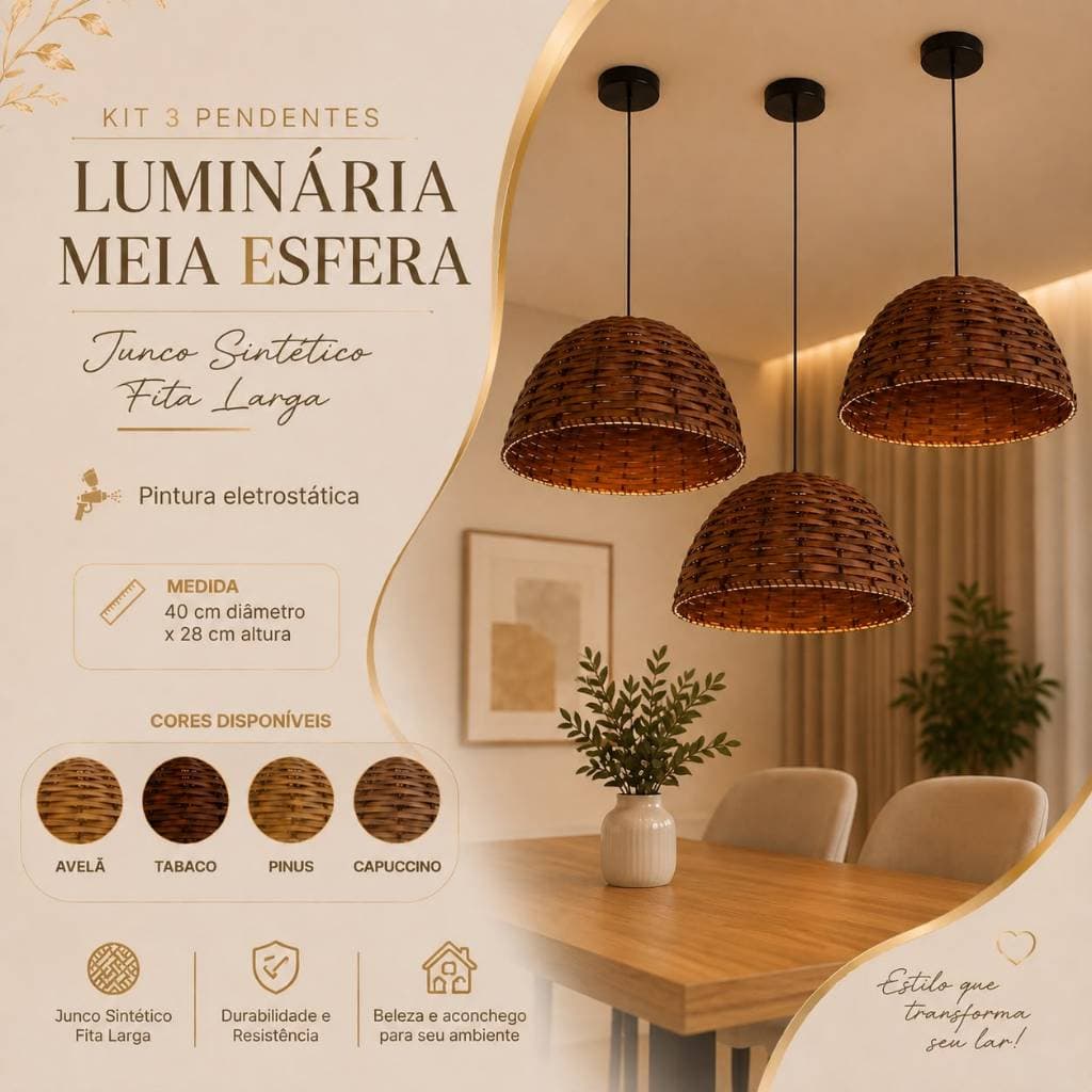 KIT DE 3 PENDENTE MEIA ESFERA FITA LARGA