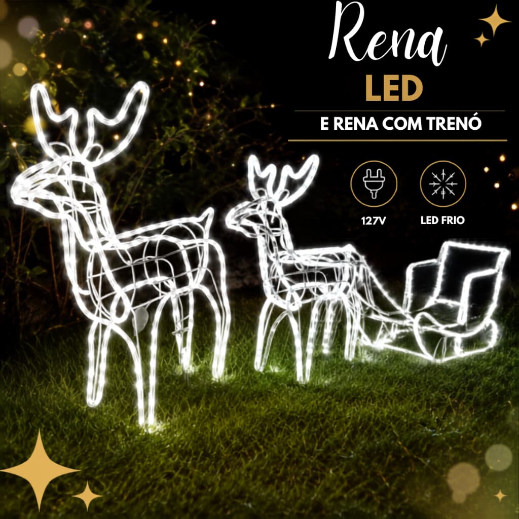 Rena de Natal E Rena Com Trenó Decoração Natalina Luzes Pisca 127v Para Jardim Quintal Telhado